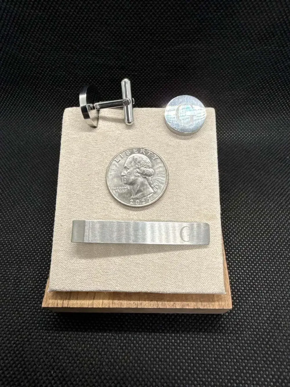 Monogram Initial Tie Clip and Cufflink Set with Letter G in Silver Tone